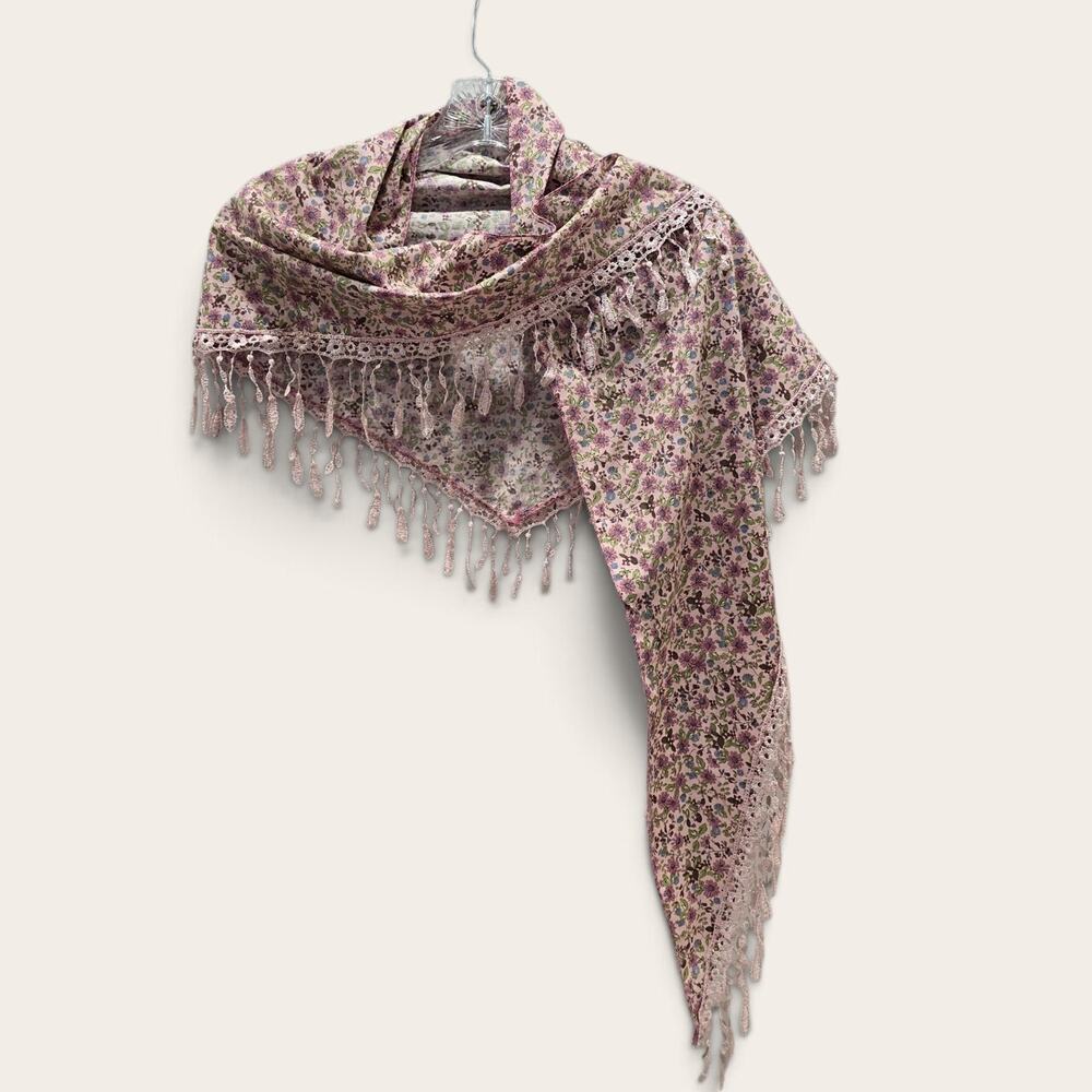 Boho Pink Flowers Hair Scarf Wrap Fringe Triangle Multi Use 64" Belt Bandana
